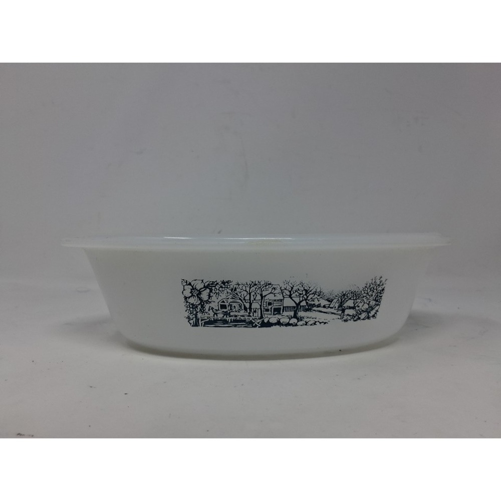 Glasbake Currier and Ives Blue Winter Country Scene Milk Glass Casserole J235